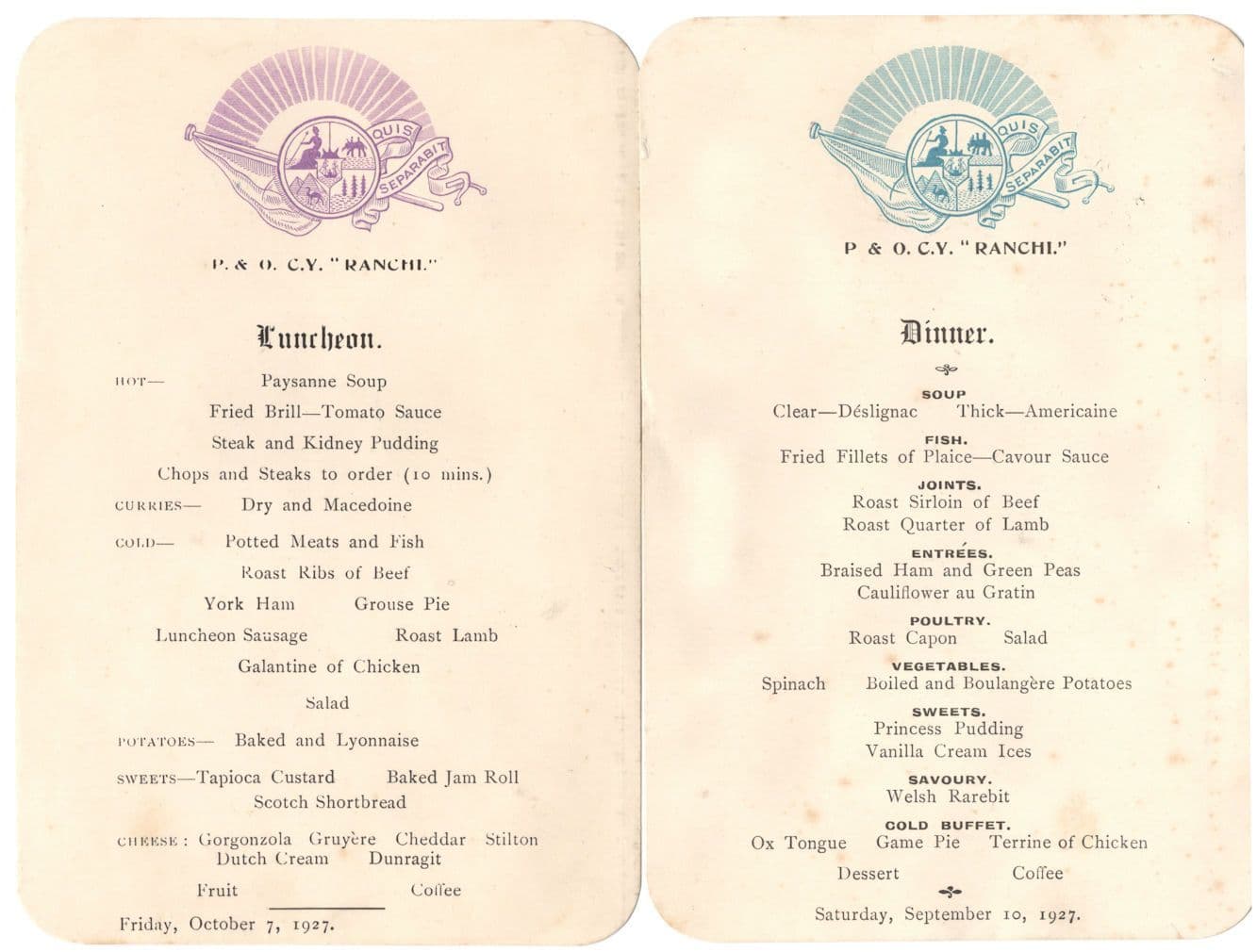 P&O Line CY Ranchi 1927 2x Old Cruise Ship Menu s