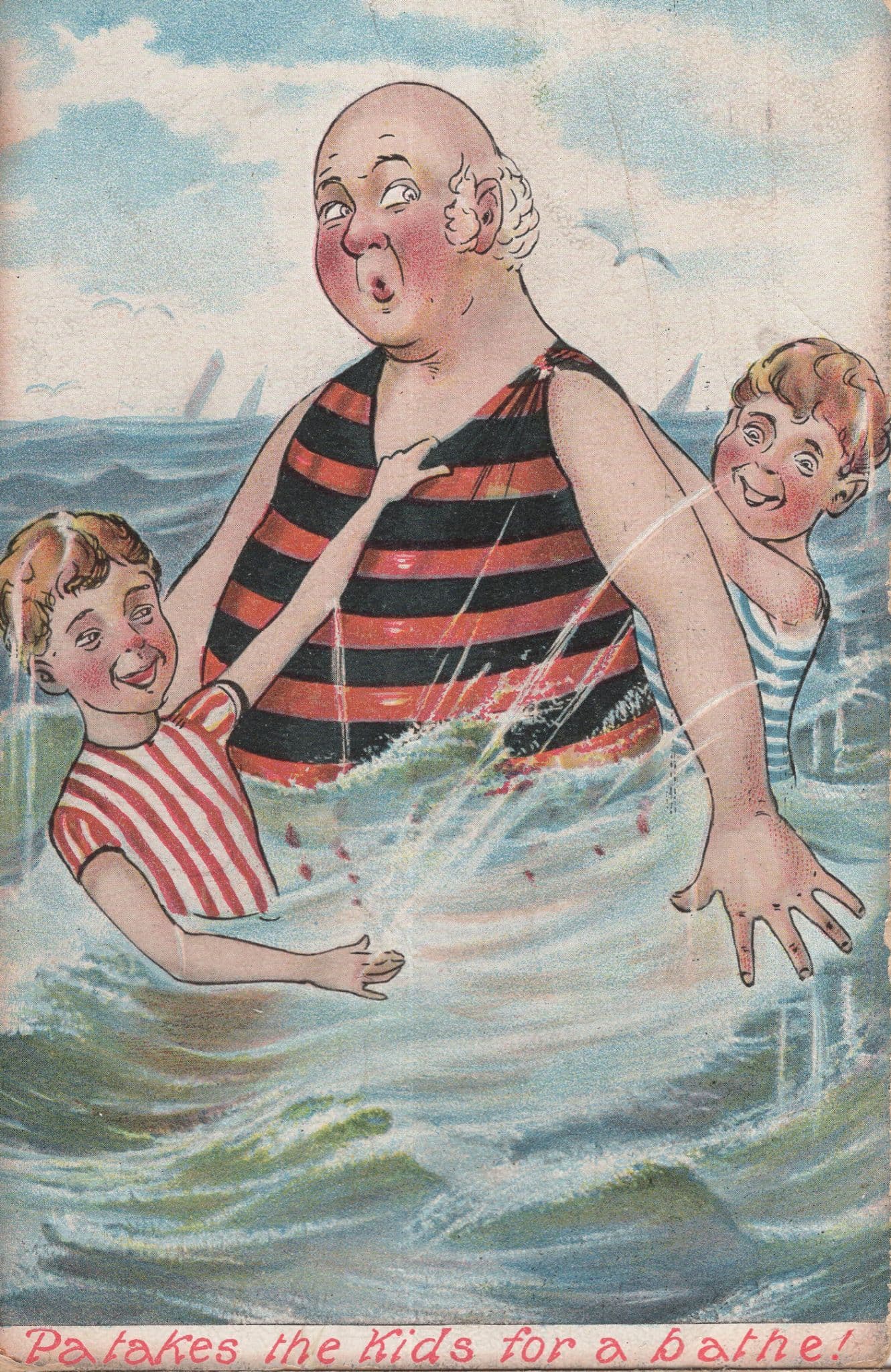 Pa Takes The Kids For A Bath Swim Antique Beach Comic Postcard