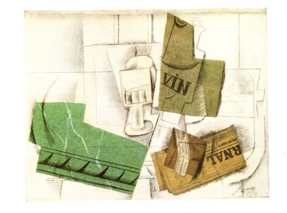 Pablo Picasso Glass Bottle & Newspaper On A Table Painting Postcard