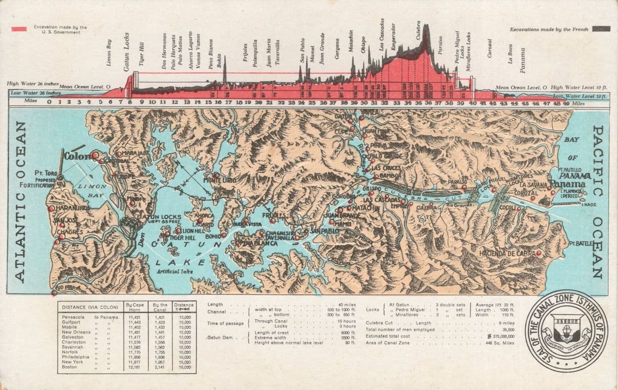 Pacific Atlantic Ocean Antique Rare Statistics Canal Seal Old Map Postcard