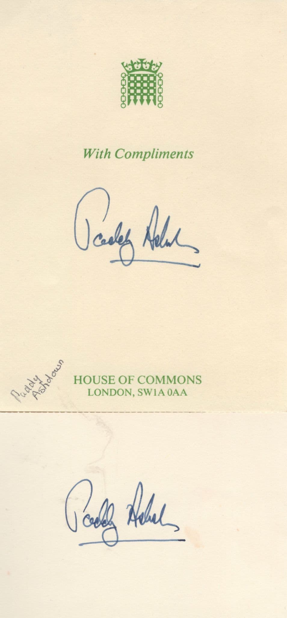 Paddy Ashdown Politics House Of Commons 2x Hand Signed Autograph