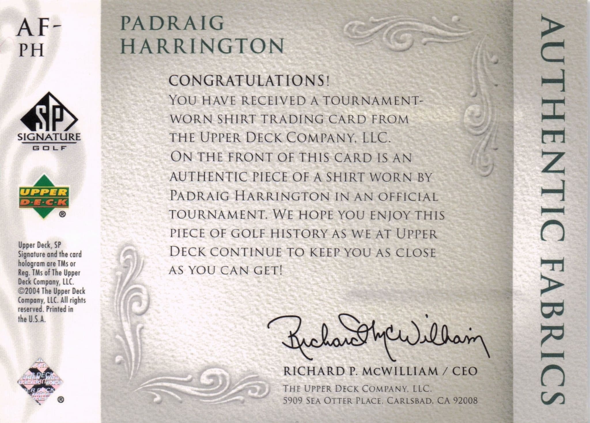 Padraig Harrington Authentic Fabrics 2004 Upper Deck Real Golf Shirt Card