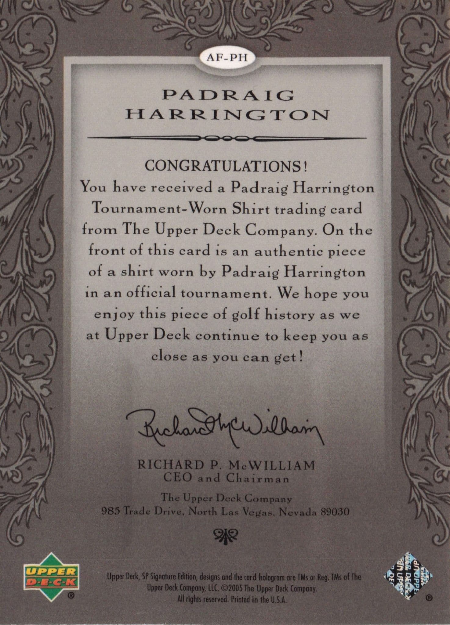 Padraig Harrington Authentic Fabrics 2005 SP Golf Upper Deck Worn Shirt Card