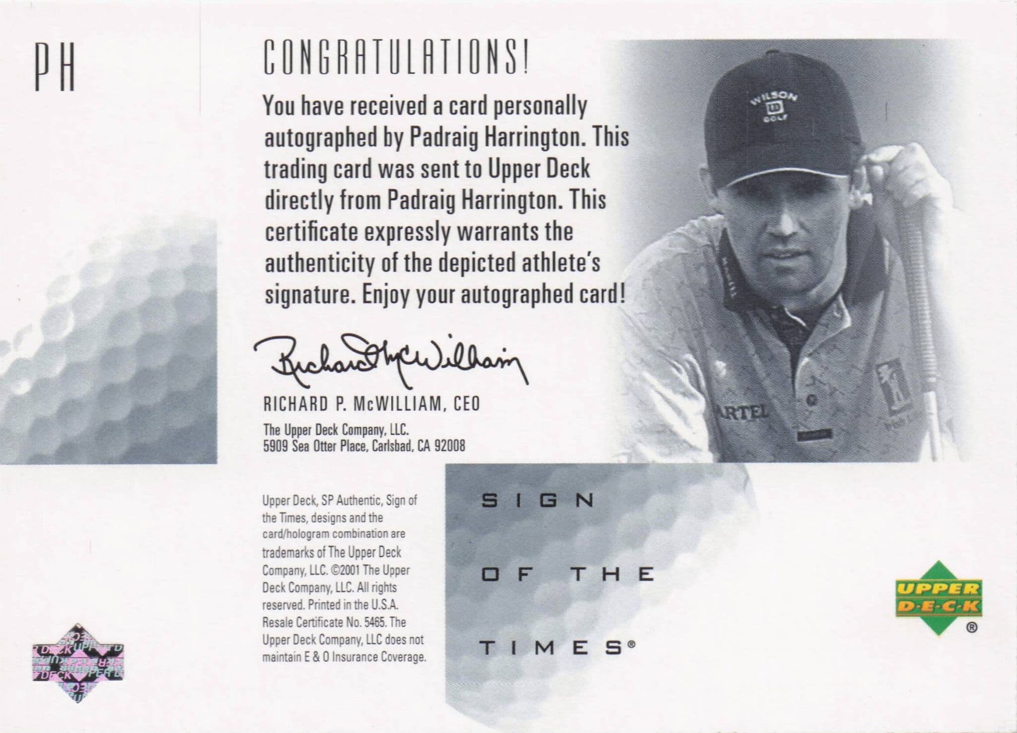 Padraig Harrington Sign Of The Times Hand Signed 2001 SP Golf Autograph Card