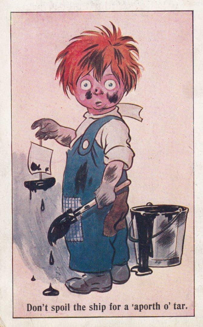 Painter Covering Antique Model Ship With Black Tar Old Comic Humour Postcard