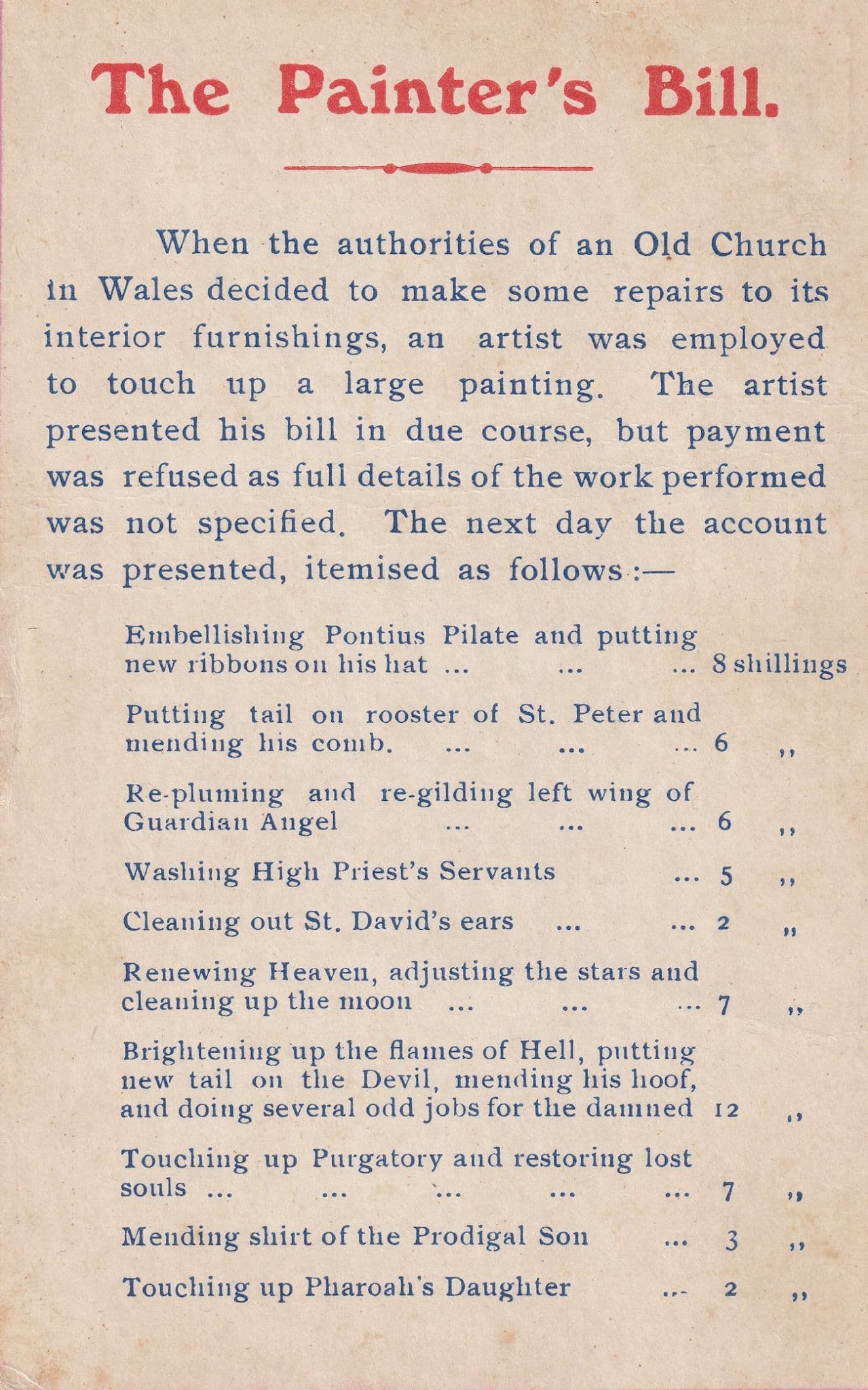 Painters Labourers Bill Salary Songcard Old Comic Humour Postcard