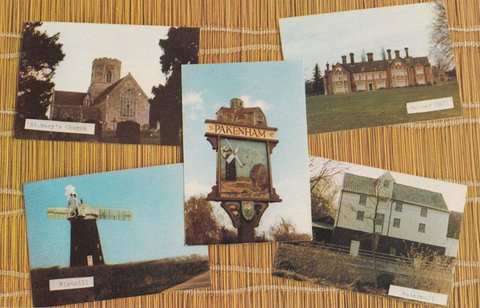 Pakenham 1970s Village Sign Watermill Nether Hall Windmill Church 1970s Postcard