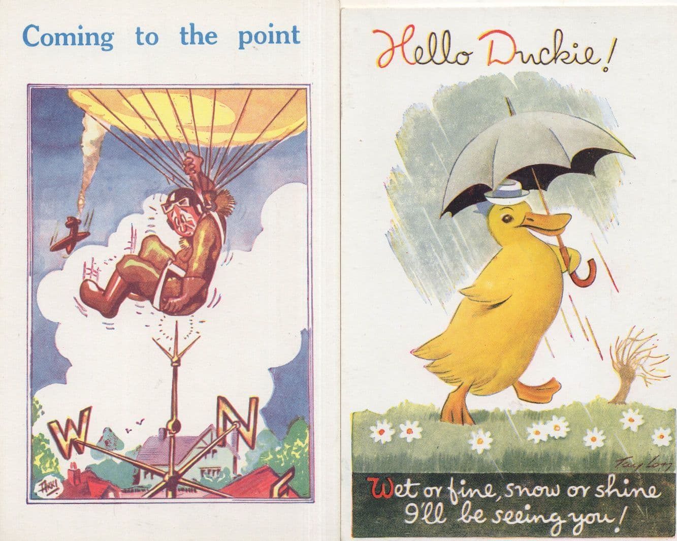 Parachute Yellow Duck Umbrella Bird 2x Disaster Comic Postcard s
