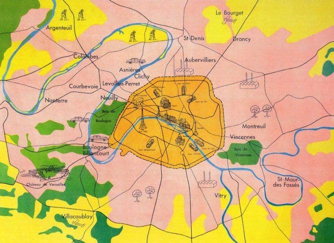 Paris 1949 Map French Geography School Wall Chart Postcard