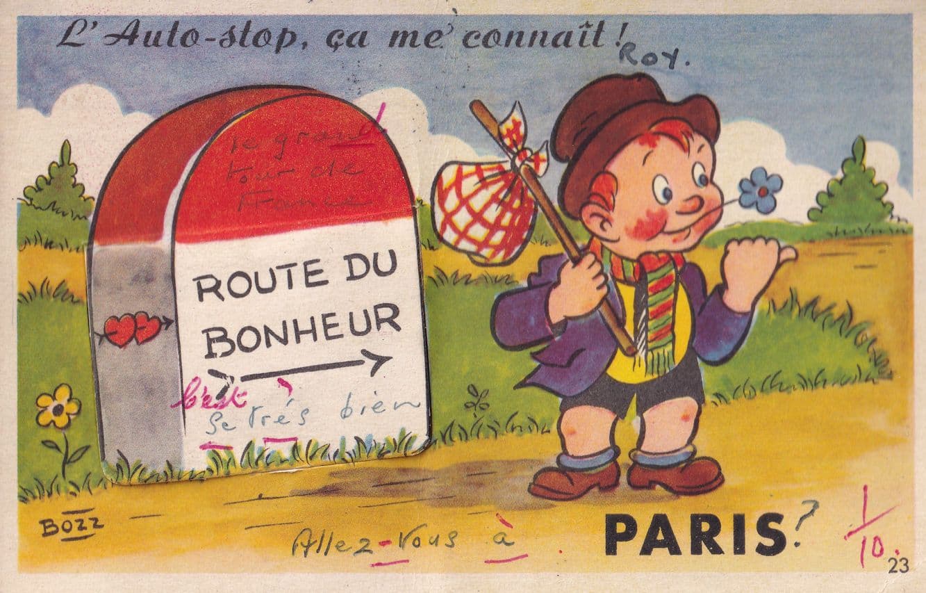 Paris Hitchhiker Camping Road Sign Old Folding Novelty Comic Postcard