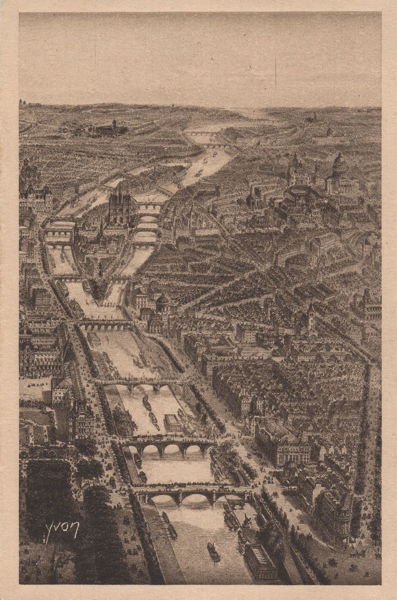 Paris River Map Style Antique Perspective Aerial French Postcard