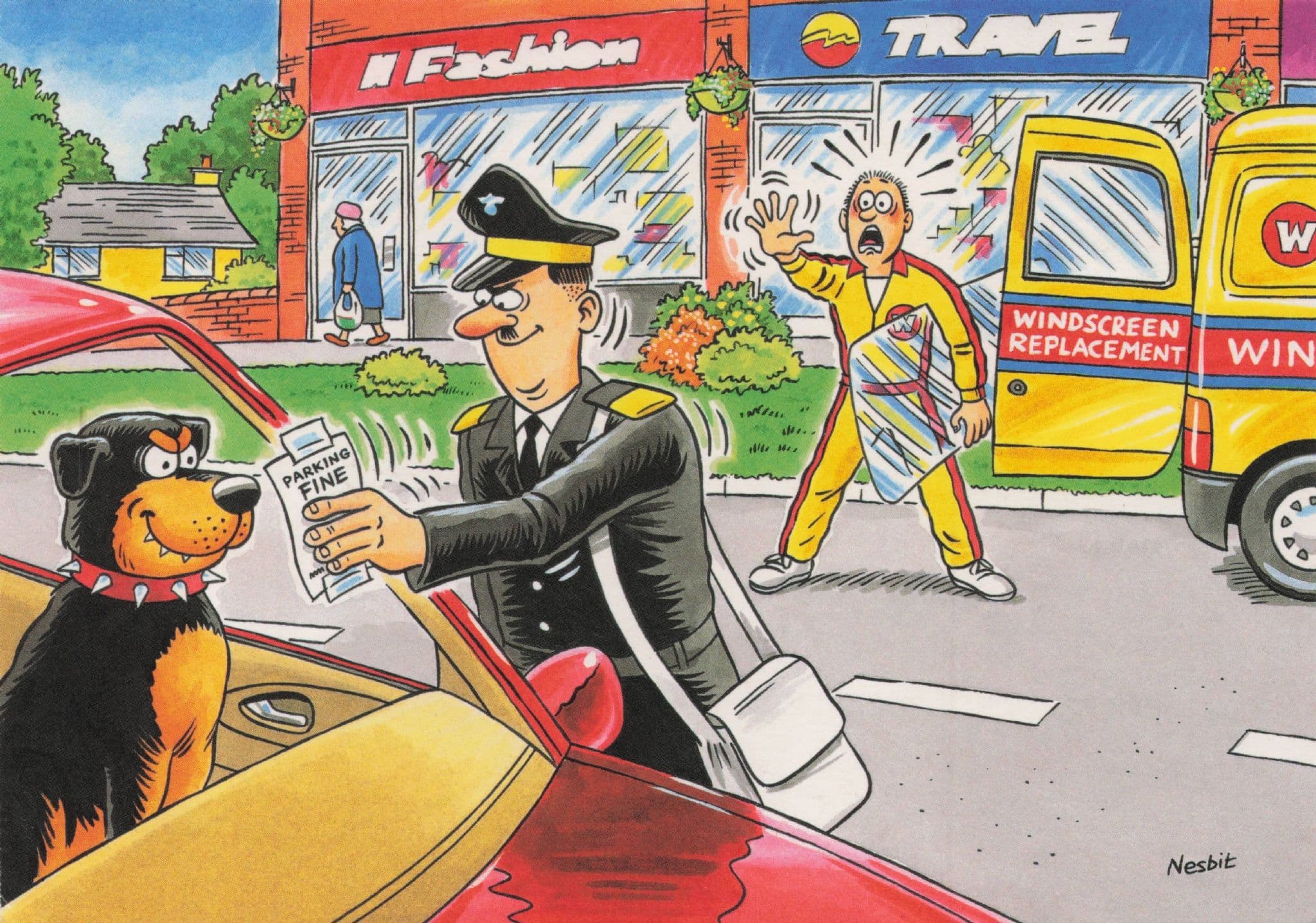 Parking Ticket Warden Dog Windscreen Travel Agents Van Comic Disaster Postcard