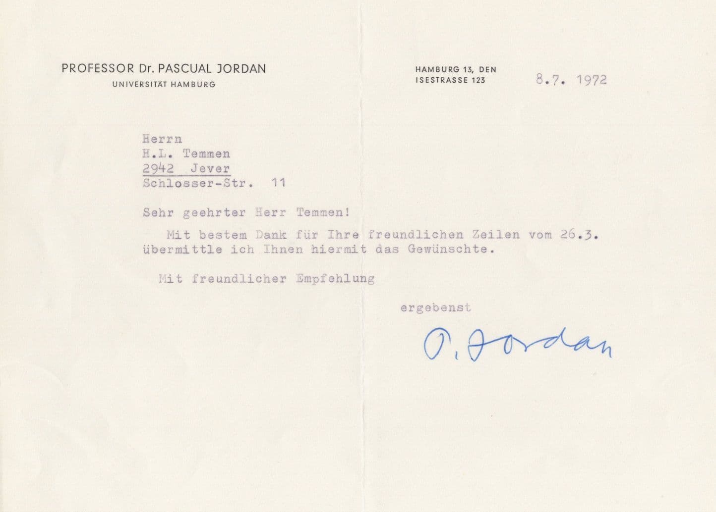 Pascual Jordan German Mathematician WW2 Nazi Party Hand Signed Letter