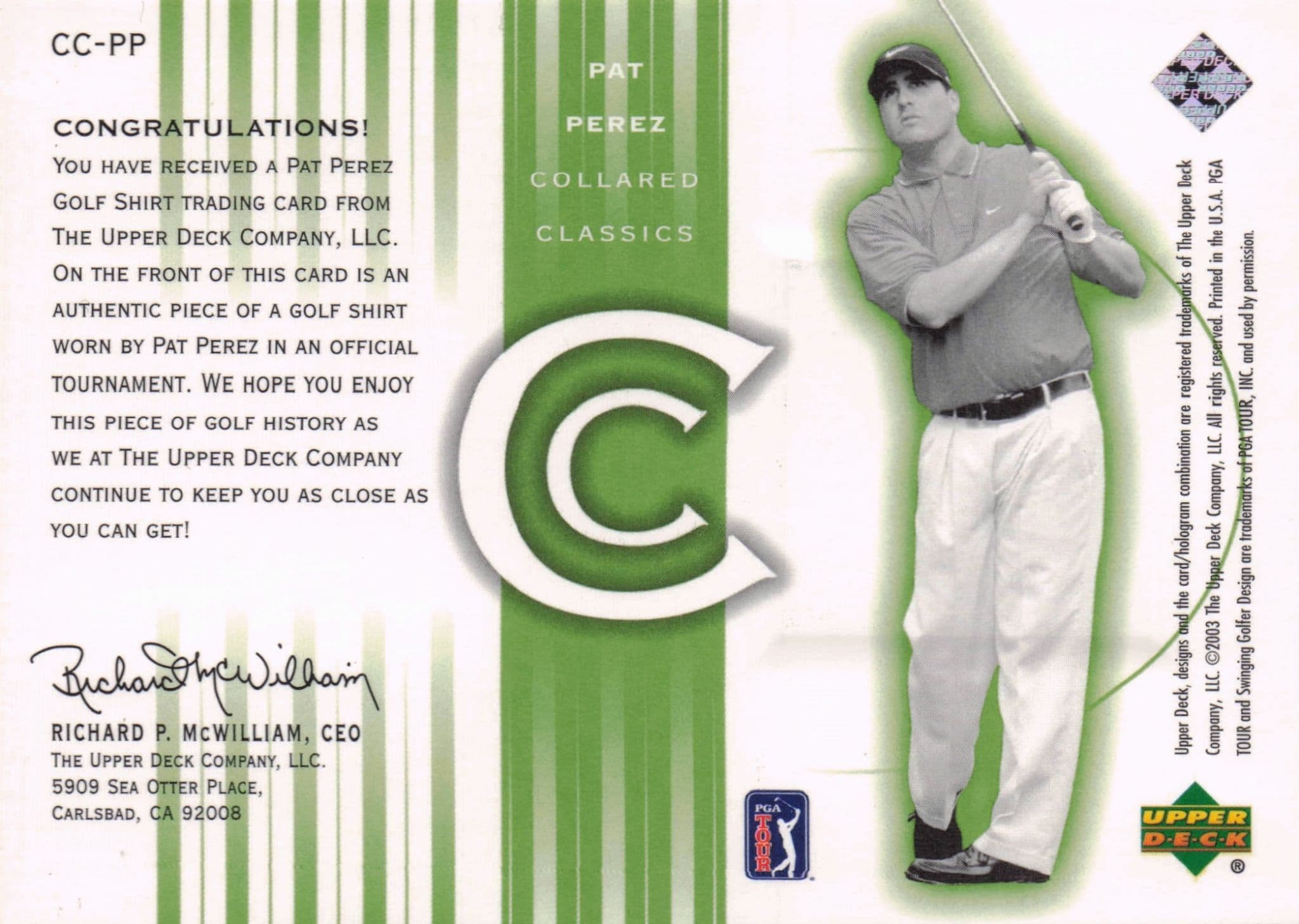 Pat Perez Collared Classics 2003 Golf Shirt Relic Upper Deck Card