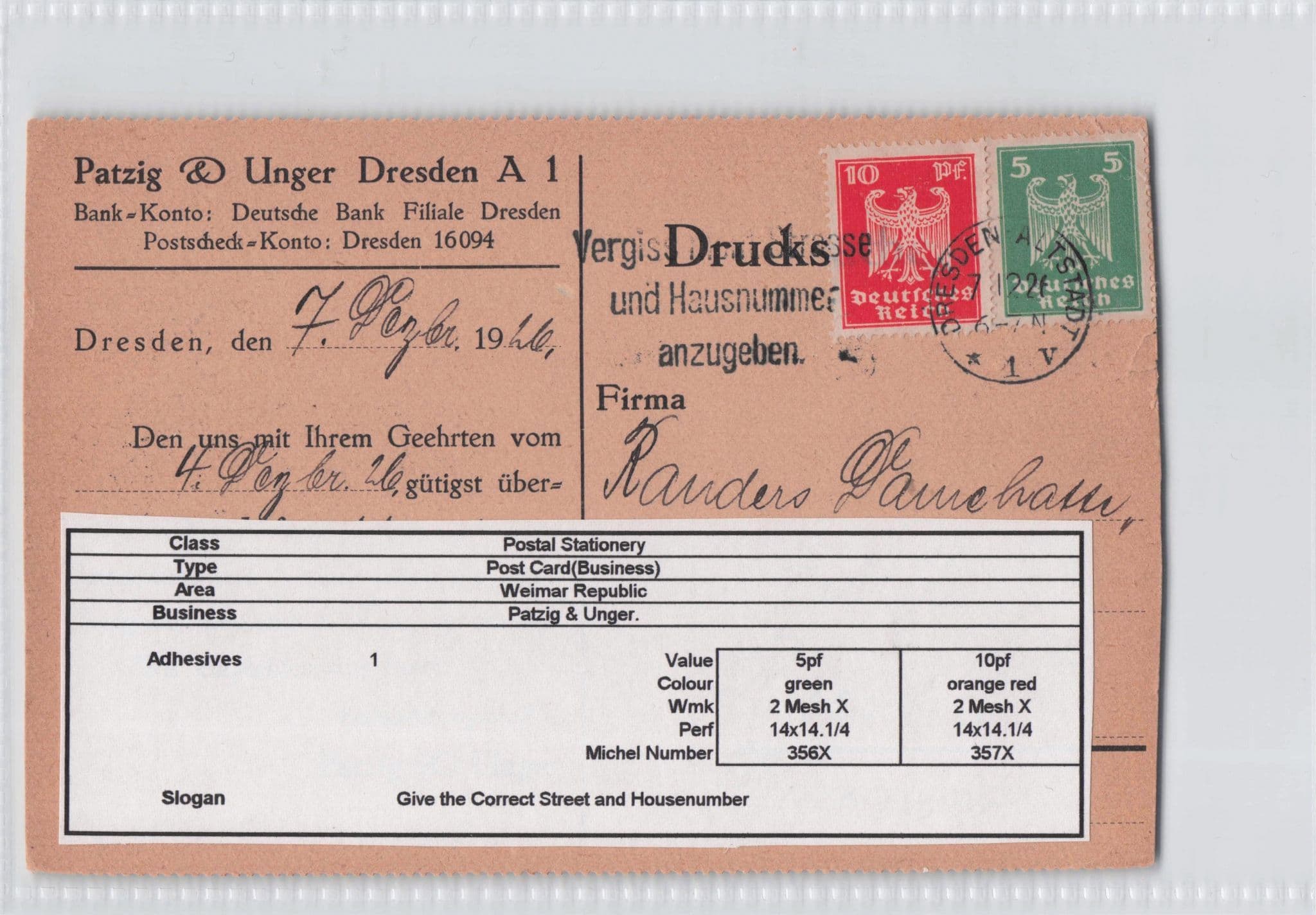 Patzig & Unger Dresden Bank Konto German Antique Postcard