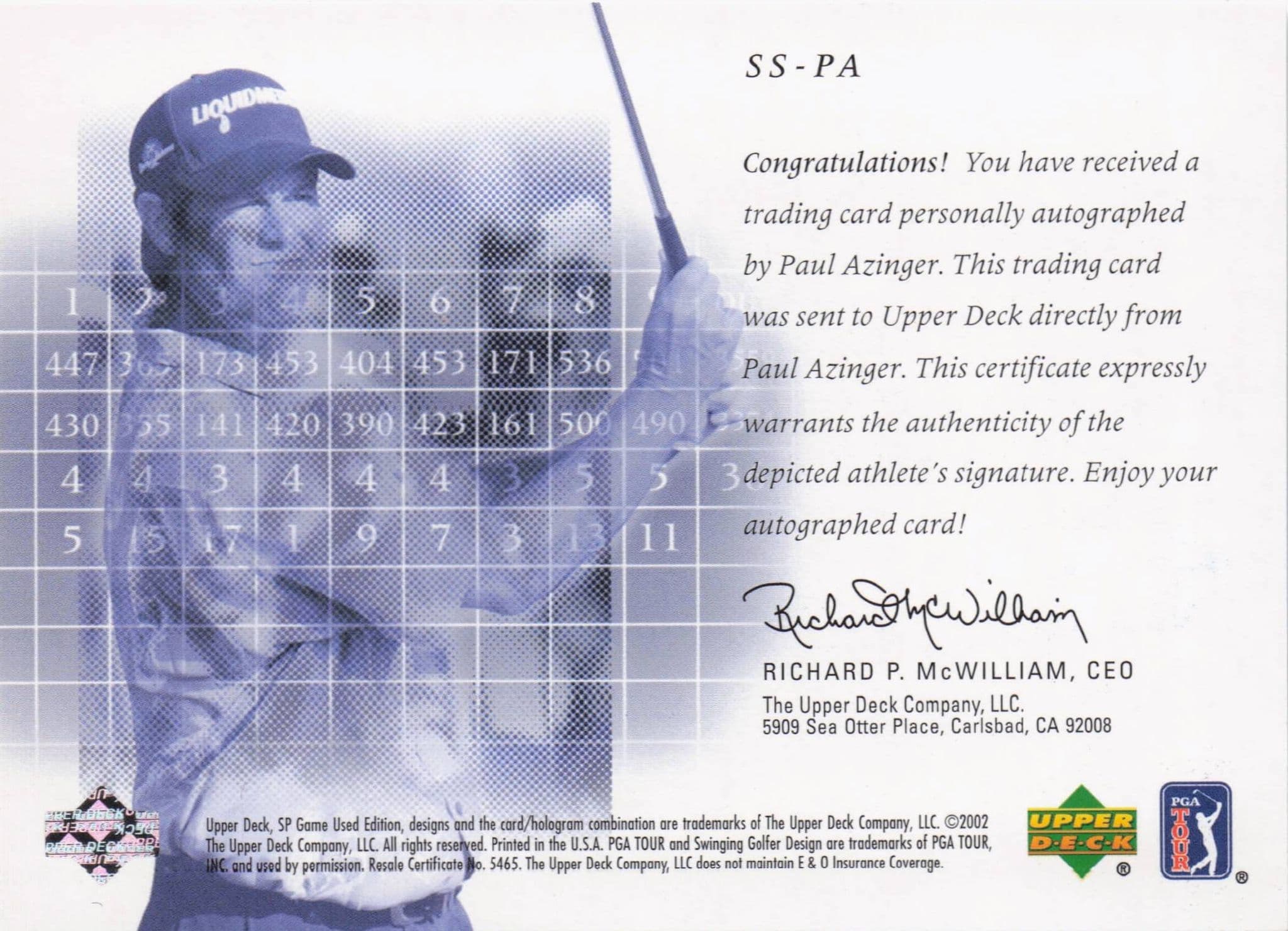 Paul Azinger Scorecard Signatures Hand Signed 2002 SP Golf Autograph Card