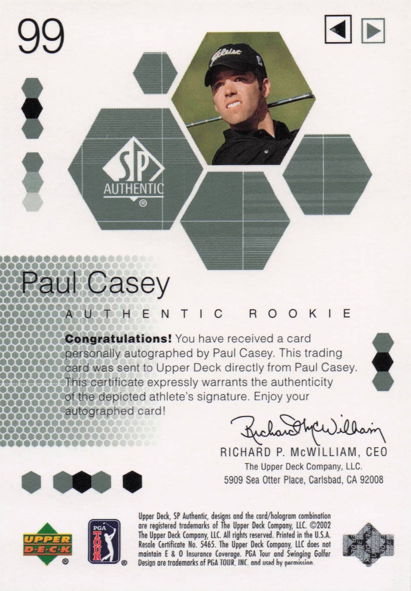 Paul Casey Authentic Rookie 2002 Golf SP Hand Signed Autograph Card