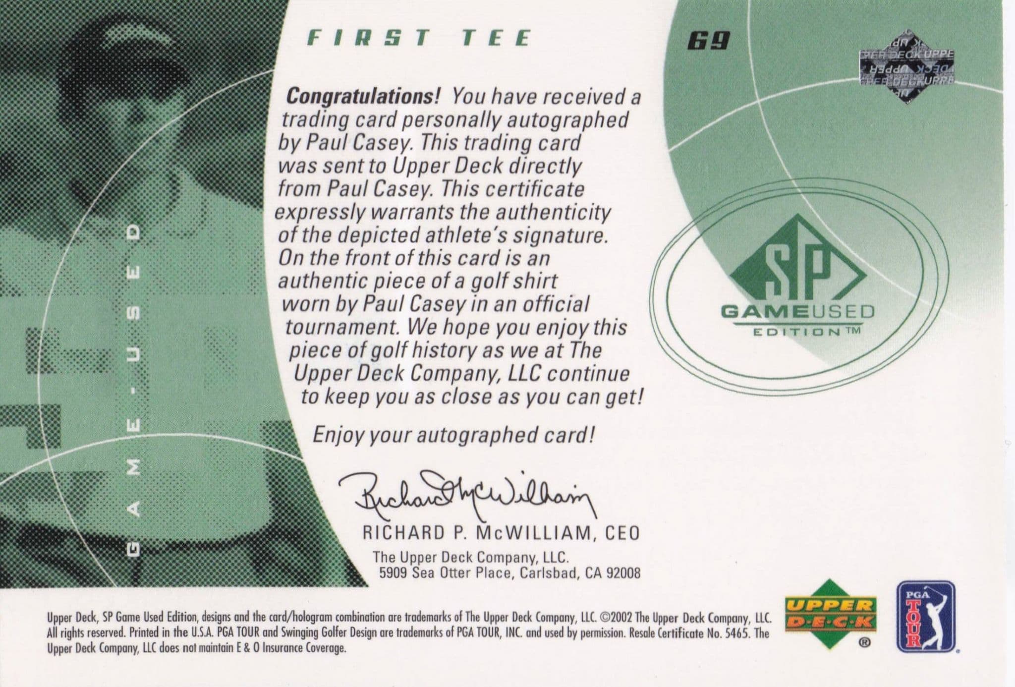 Paul Casey First Tee 2002 Golf Upper Deck Hand Signed Worn Shirt Card
