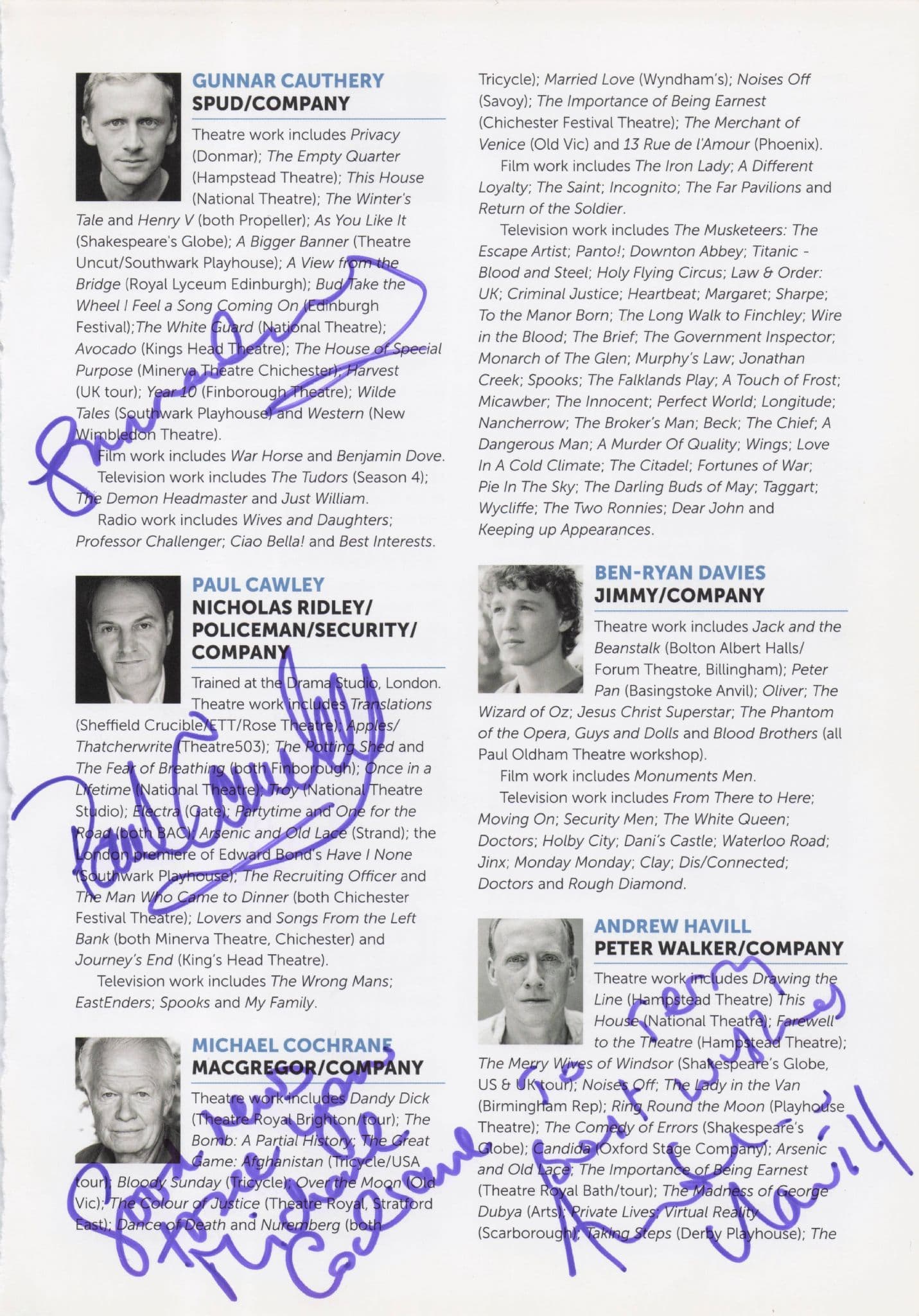 Paul Cawley Michael Cochrane Andrew Havill 7x Hand Signed Theatre Page