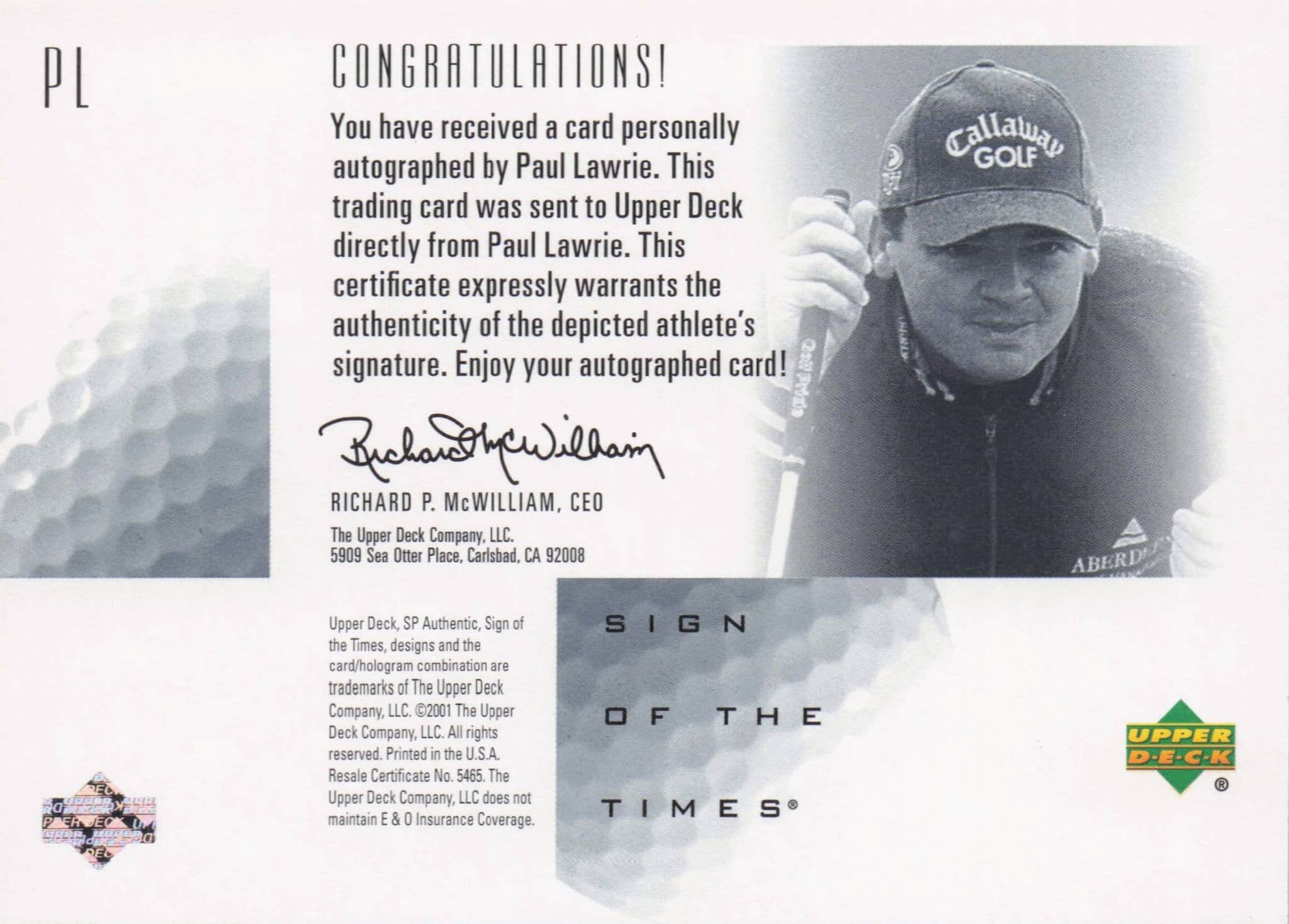 Paul Lawrie Sign Of The Times Hand Signed 2001 SP Golf Autograph Card