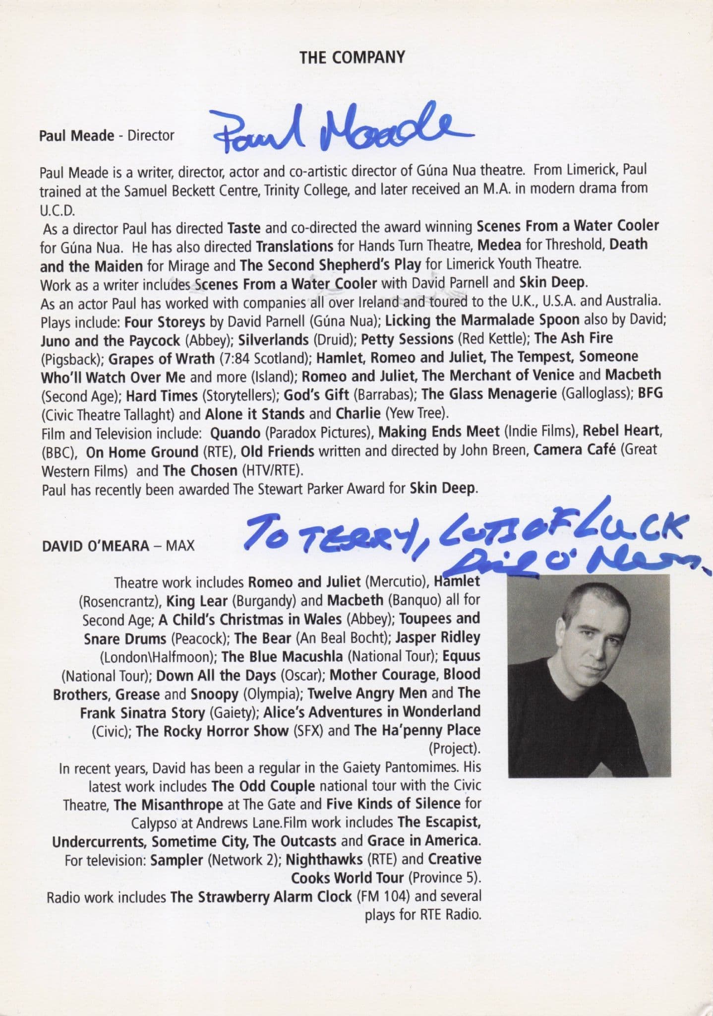 Paul Meade David O'Meara in The Real Thing Hand Signed Photo Theatre Page