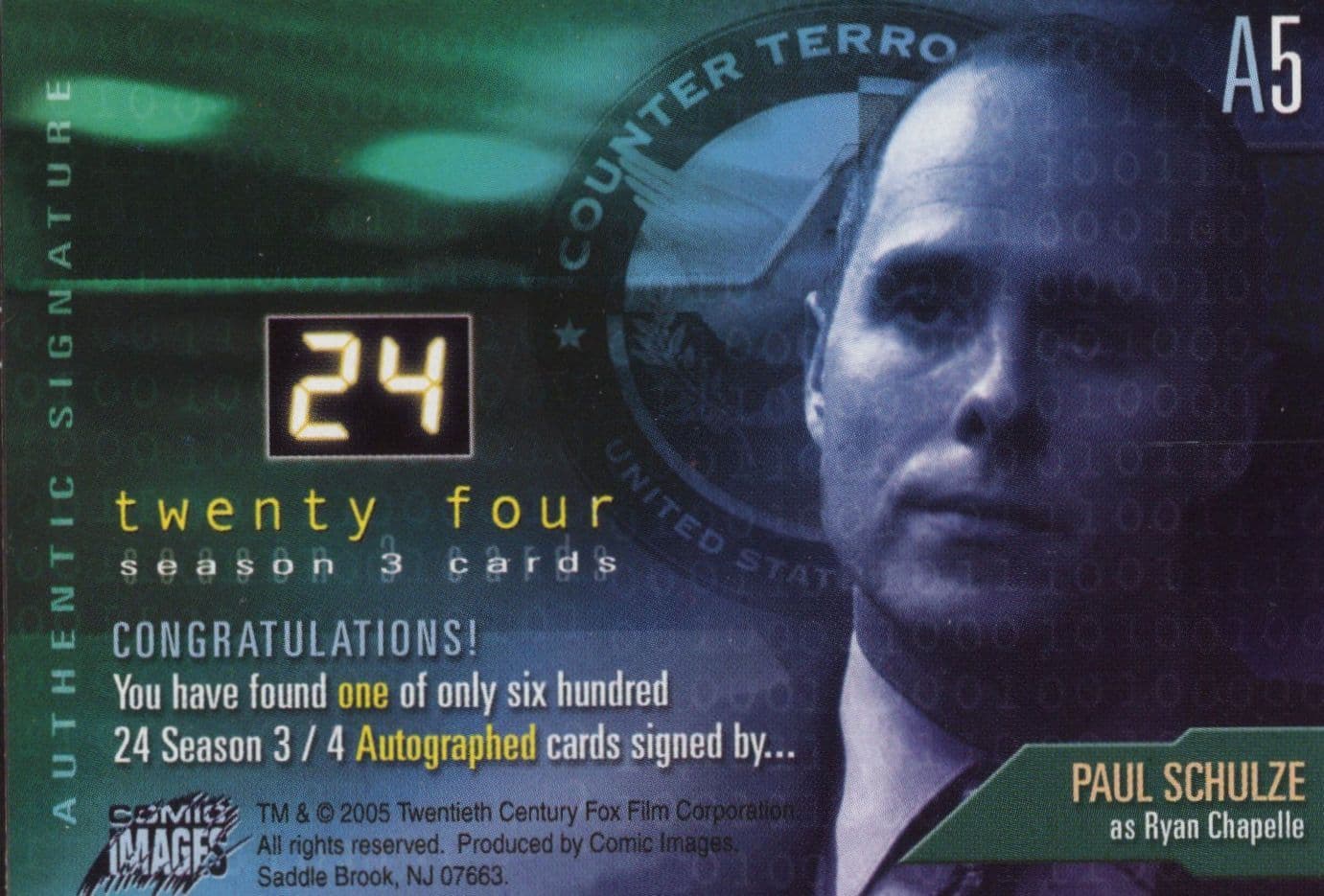 Paul Schulze 24 TV Show Hand Signed Season 3 Autograph Card