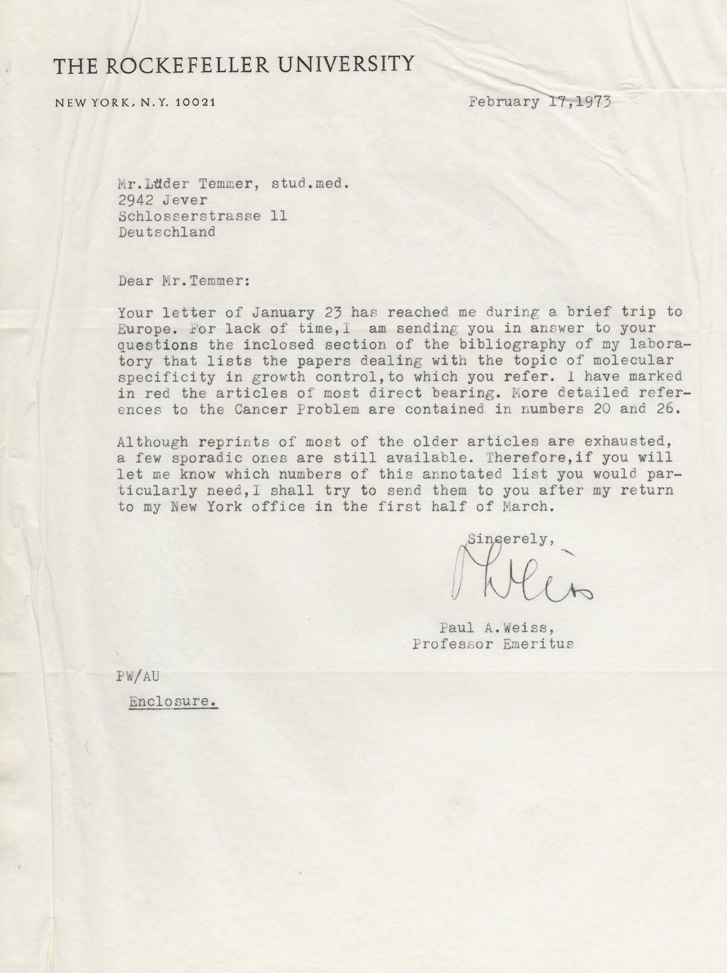 Paul Weiss Austrian Biologist Jimmy Carter Award Hand Signed Letter