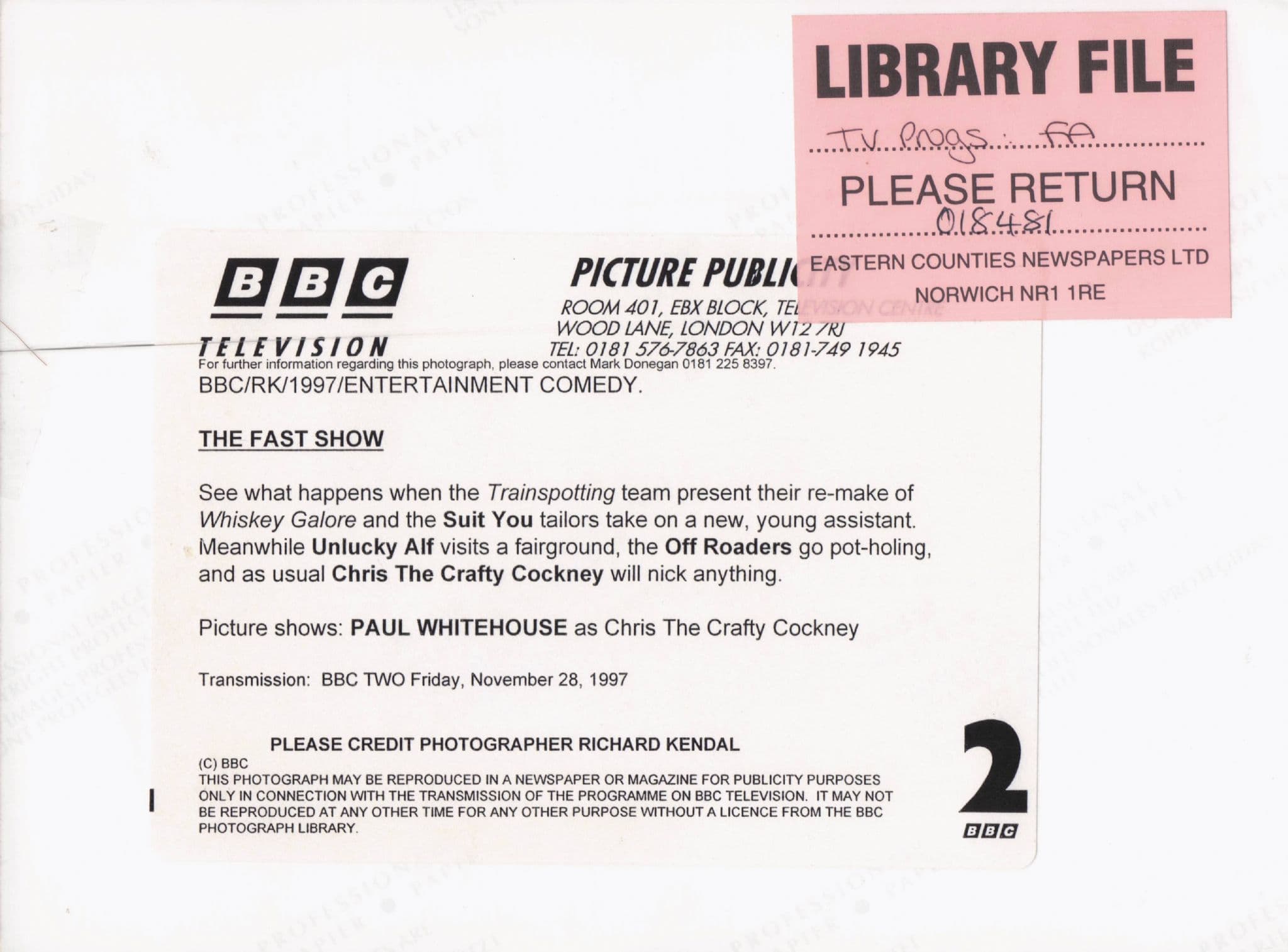 Paul Whitehouse The Fast Show BBC TV Rare Press Photo