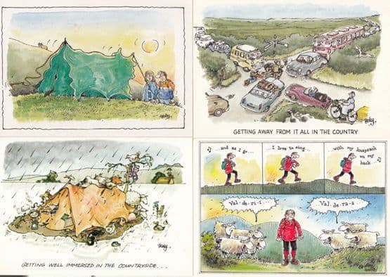 Peace & Quiet Holiday Becomes A Disaster incl Camping Sheep 4x Comic Postcard s
