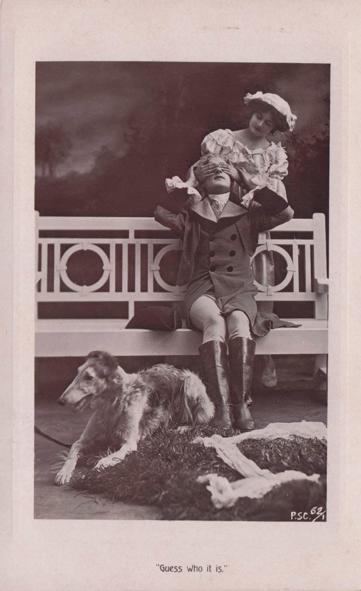 Peek A Boo Blind Mans Bluff Lovers Games Collie Dog Old RPC Postcard
