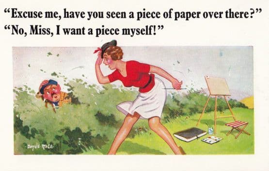 Peeping Tom With Lady Painter Upskirt on Camp Field Saucy Comic Humour Postcard
