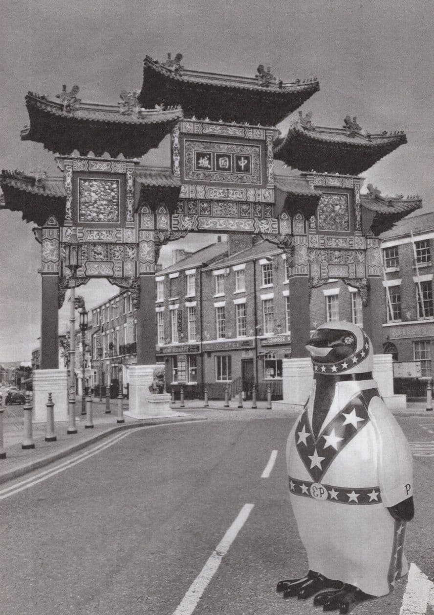 Penguins at the Chinese Arch Chinatown Liverpool Postcard