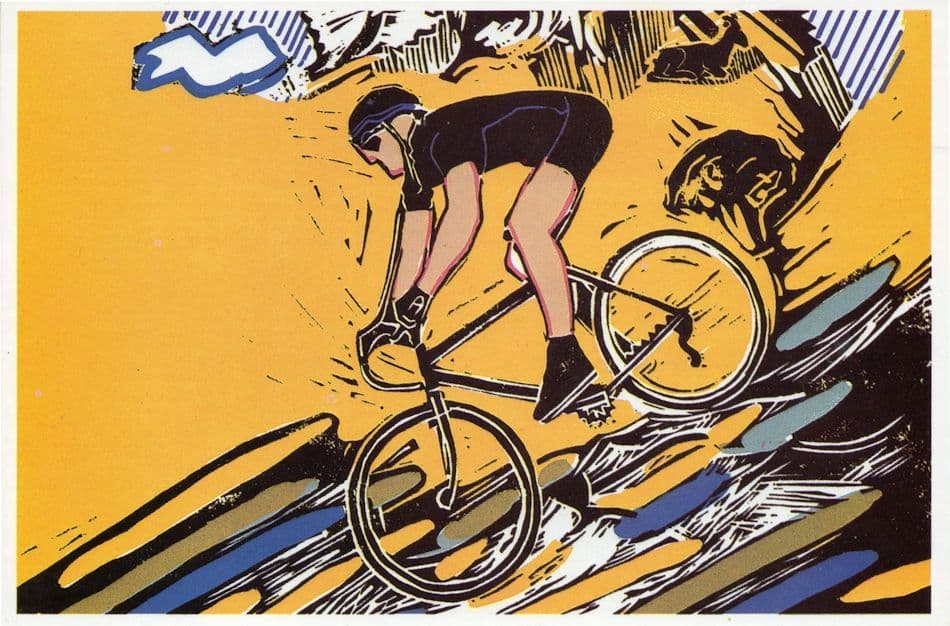 Penny Leyland Route 69 Exhausted Cyclist Bicycle Silk Screen Painting Postcard