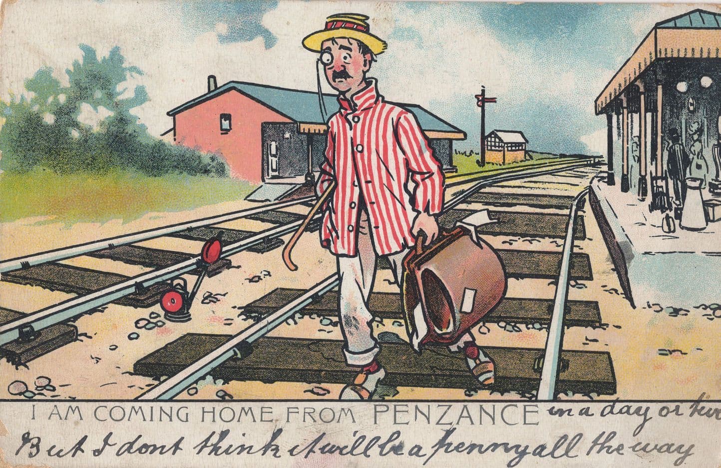 Penzance Cornwall Railway Line Train Station Rambling Comic Postcard