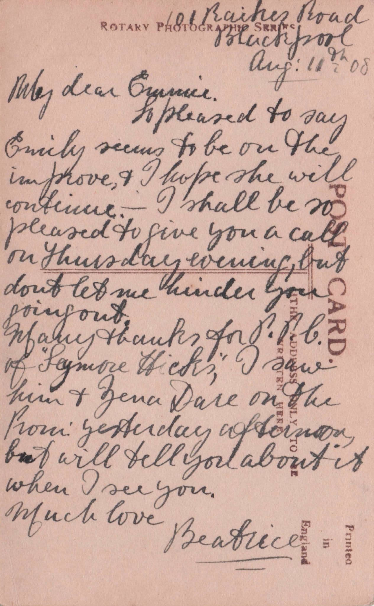 Percy Hutchinson Edwardian Theatre Old Zena Dare Message Postcard