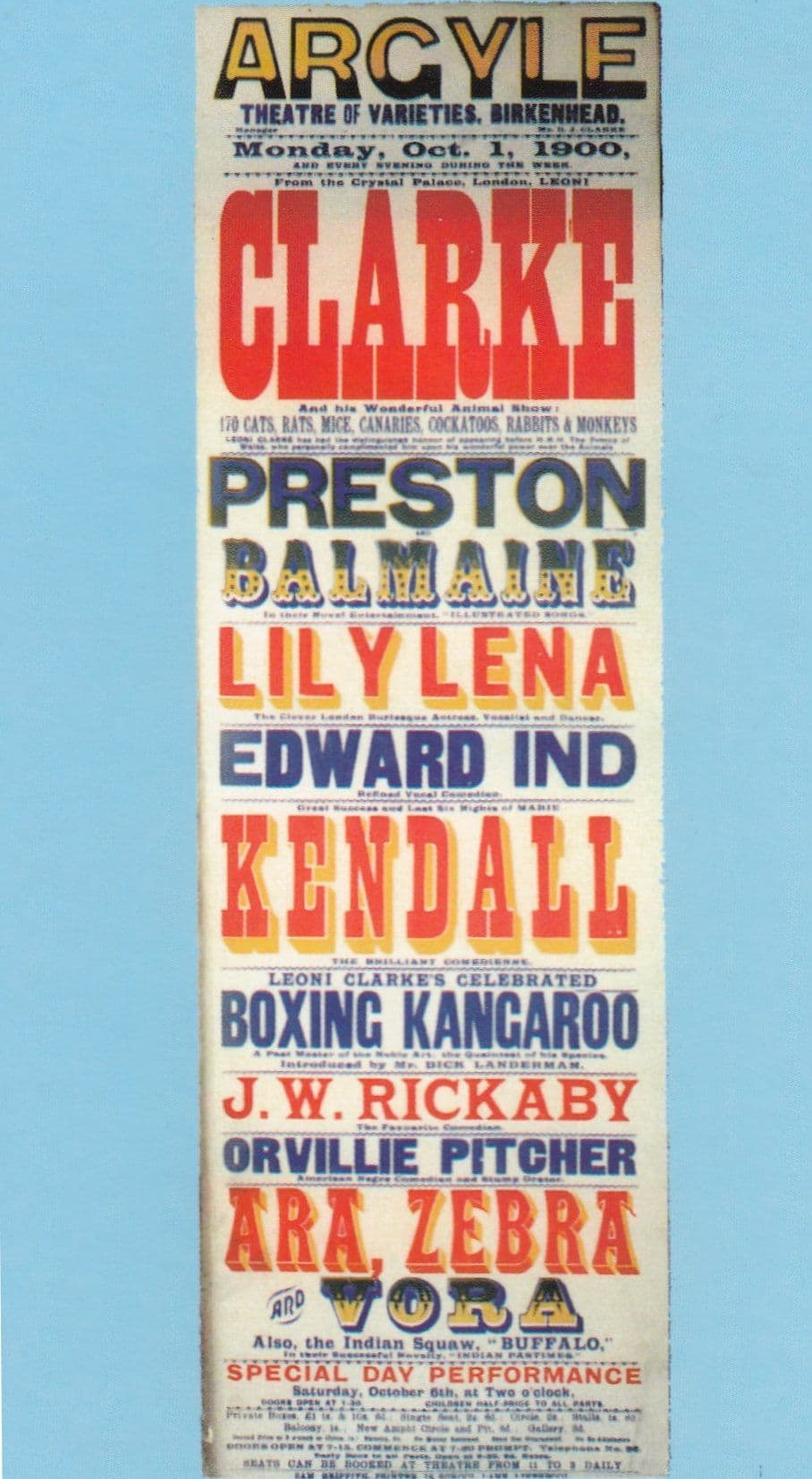 Performing Cats Birds Live Circus Unique Show Argyle Theatre Blackpool Theatre Poster Postcard