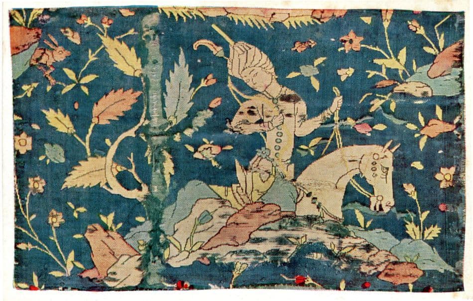 Persian Silk Tissue Hunting Scene Antique Safavian Embroidery Postcard