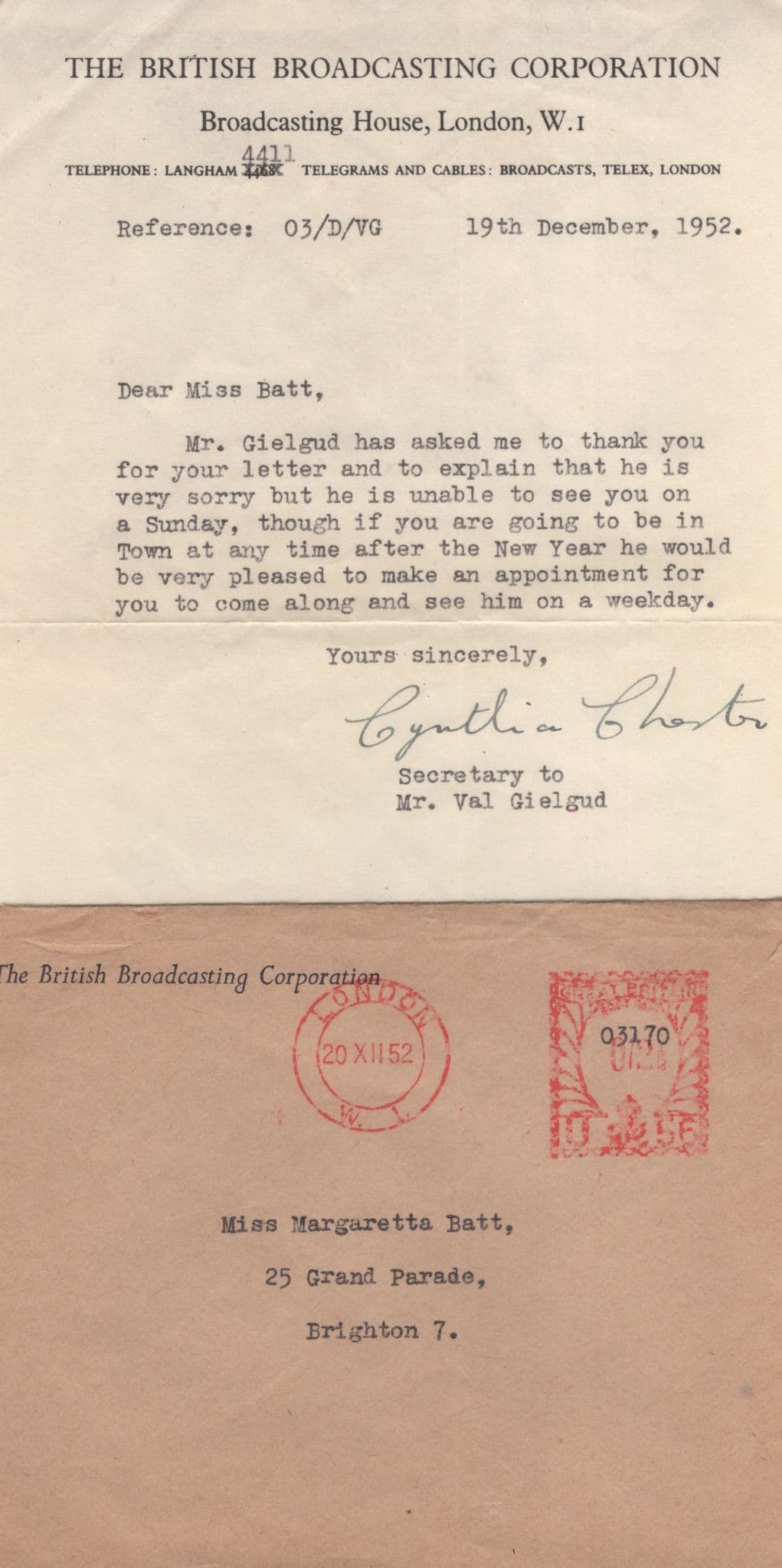 Personal Meeting With CBE Val Gielgud BBC Hand Signed Letter