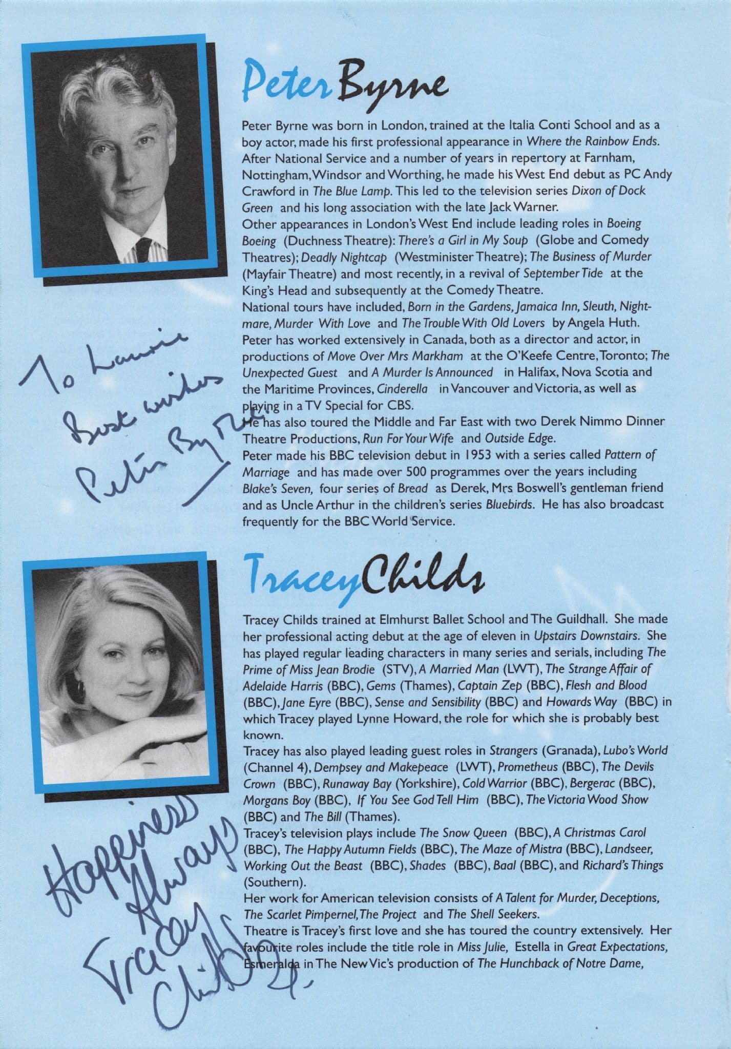 Peter Byrne Dixon Of Dock Green Tracy Childs Hand Signed Theatre Page