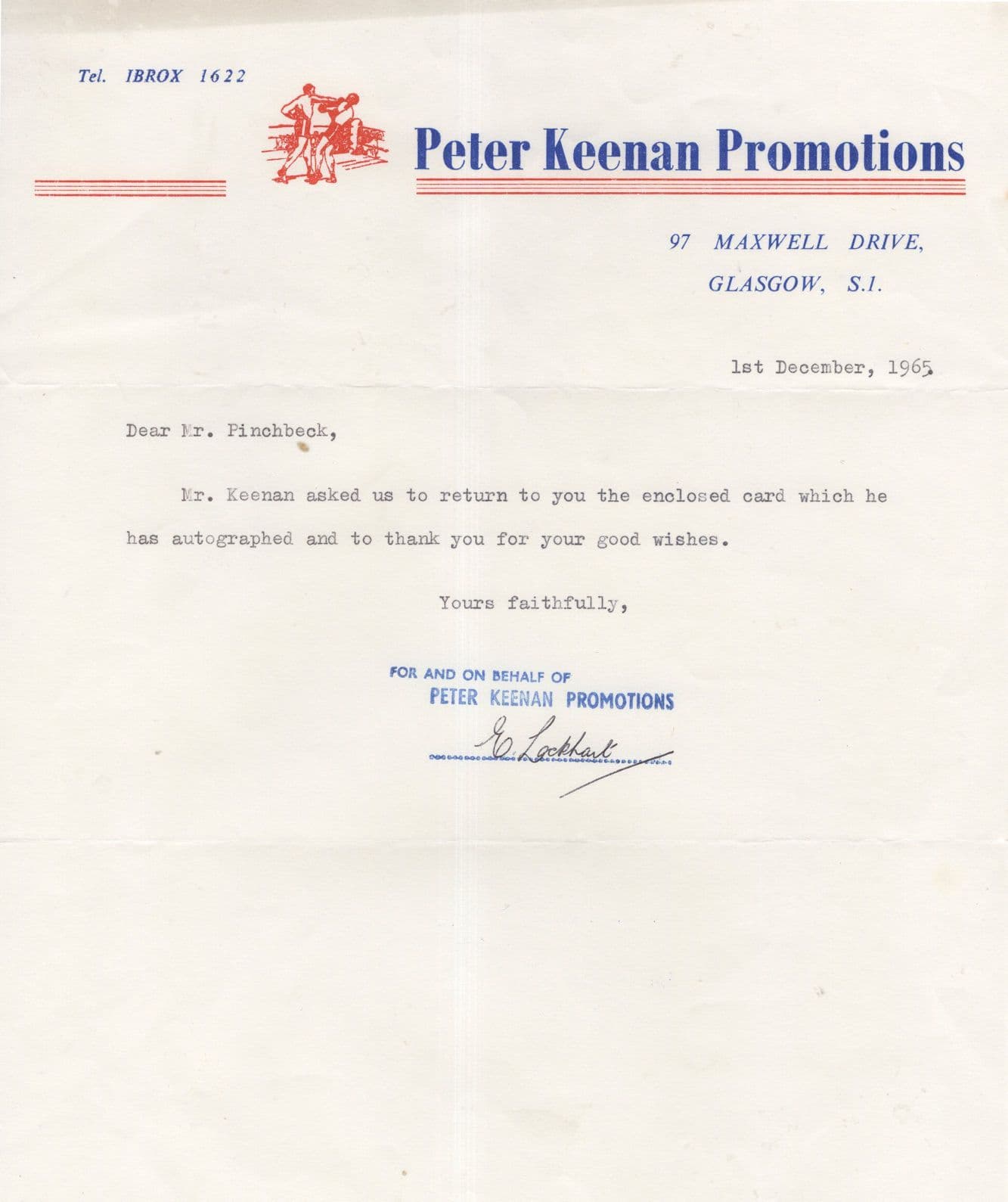 Peter Keenan Scottish Boxer 1965 Hand Signed Letter & Card