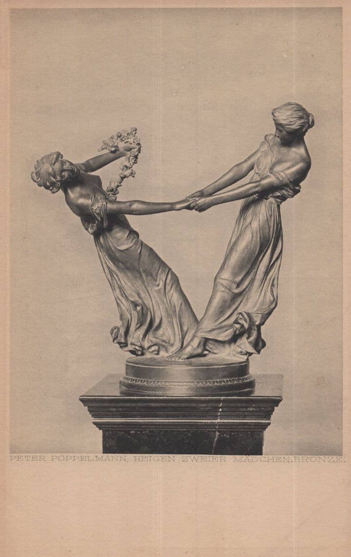 Peter Poppelmann Reigen Zweier Madchen Bronze German Statue Postcard