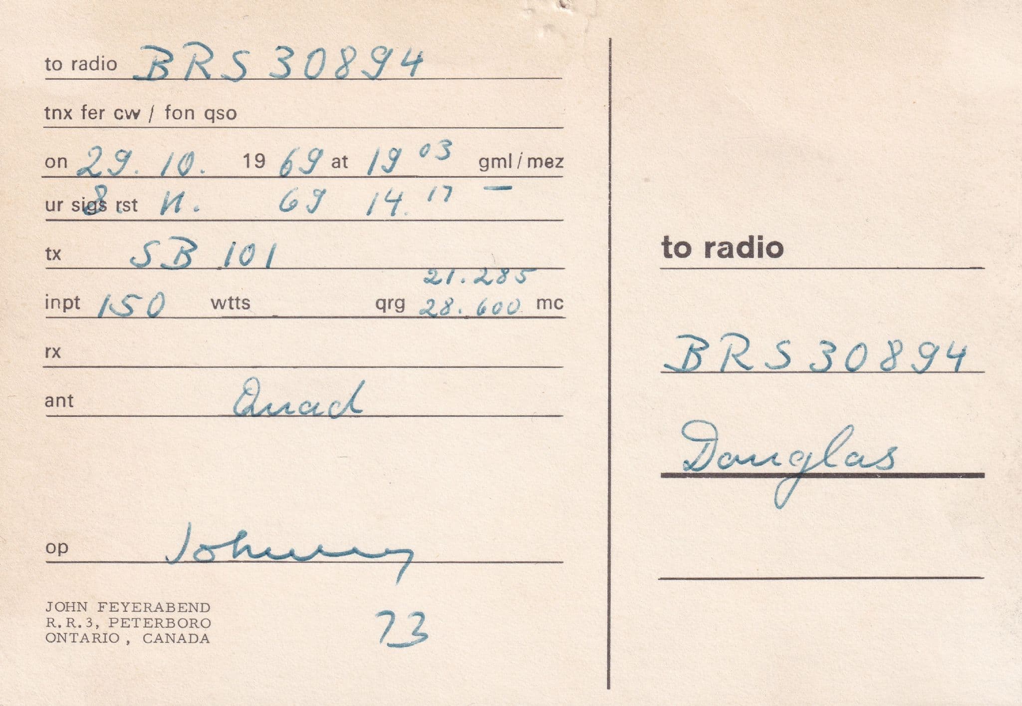 Peterboro Ontario Canada 1960s QSL Radio Card Postcard