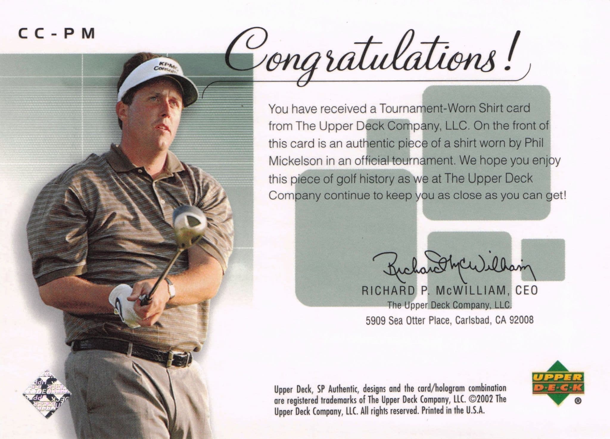 Phil Mickelson Course Classics 2002 Authentic Worn PGA Tour Golf Shirt Card
