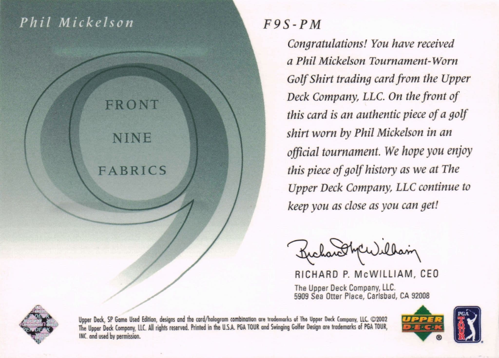 Phil Mickelson Front 9 Fabric 2002 Upper Deck Authentic Shirt Card