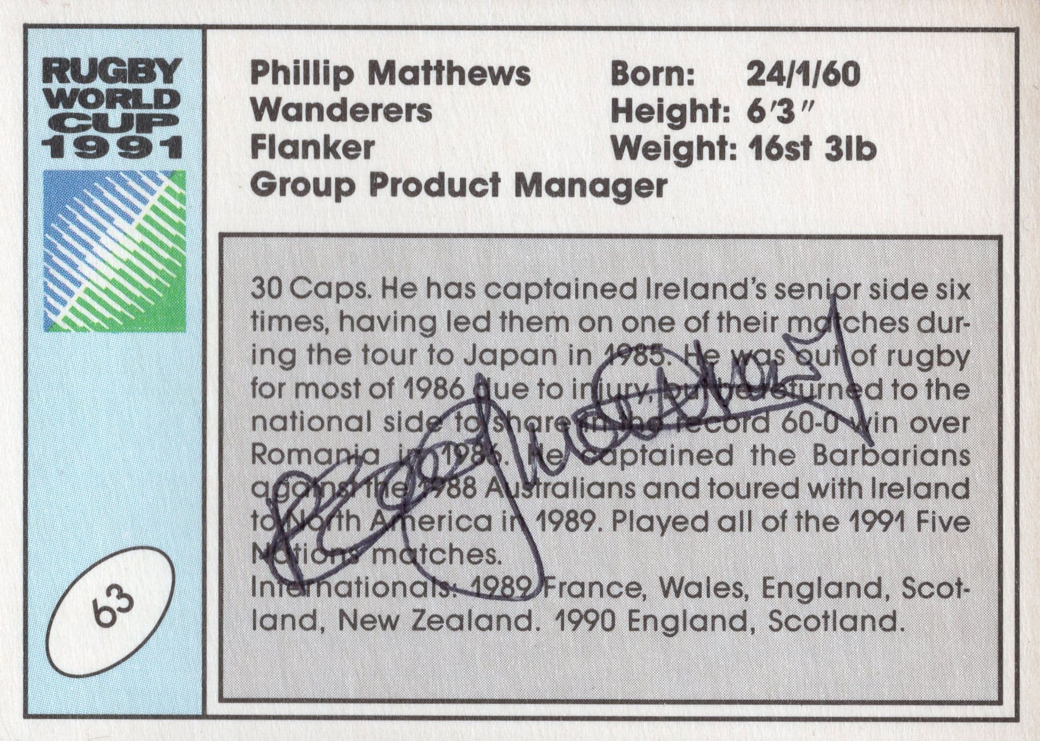Phillip Matthews Ireland Hand Signed Rugby 1991 World Cup Card Photo