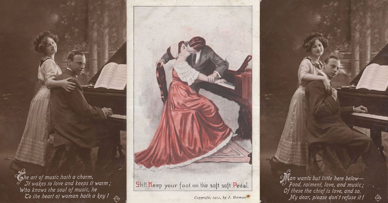 Piano Love Romance 3x Old Romantic Postcards incl Real Photo
