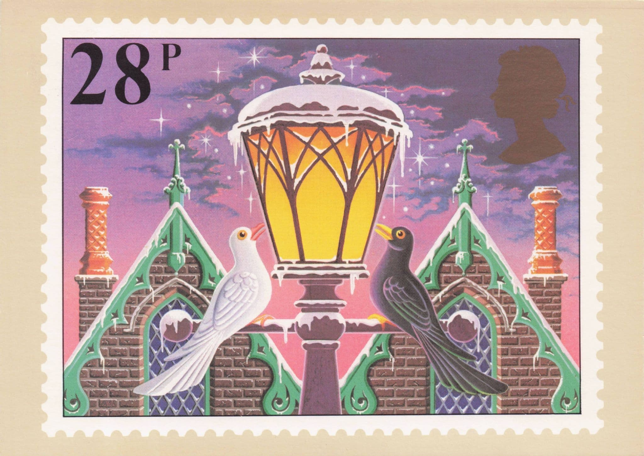 Pigeon Birds Flirting On Lantern Street Light Christmas Painting Postcard
