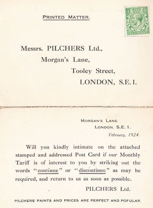 Pilchers Paints Morgans Lane London Painters 1924 Advertising Postcard Builders