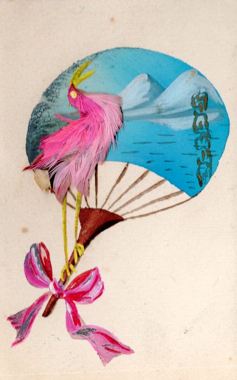 Pink Bird Hot Air Balloon Real Feathers Antique Crafts French Postcard