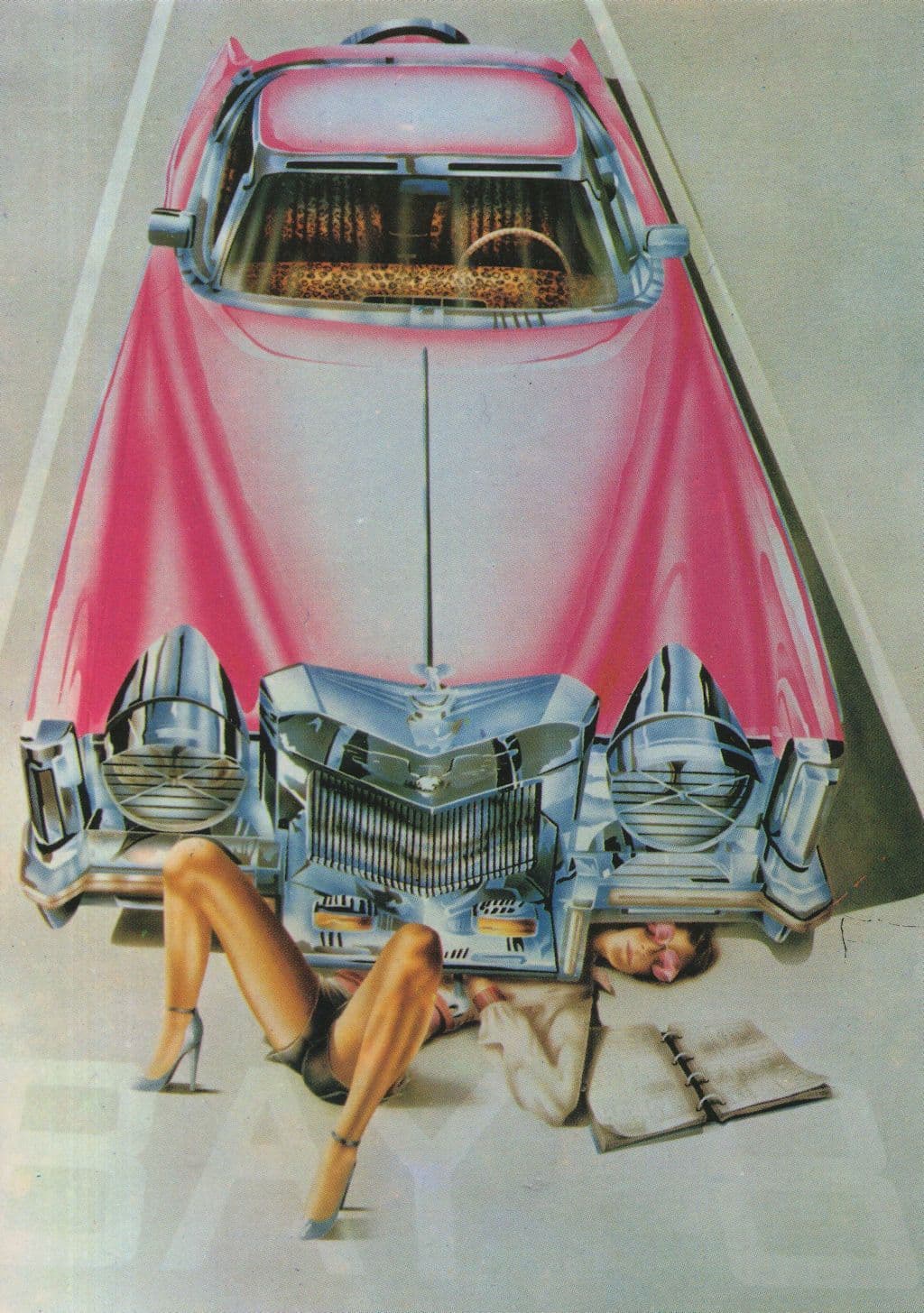 Pink Cadillac Crushing Woman 1970s Disaster French Painting Postcard